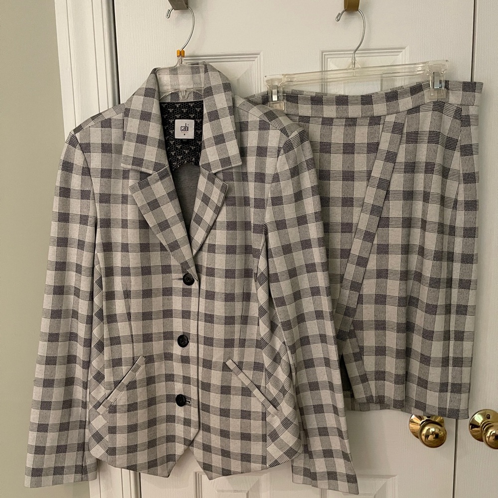 CAbi Gray and White Plaid Blazer and Skirt Set